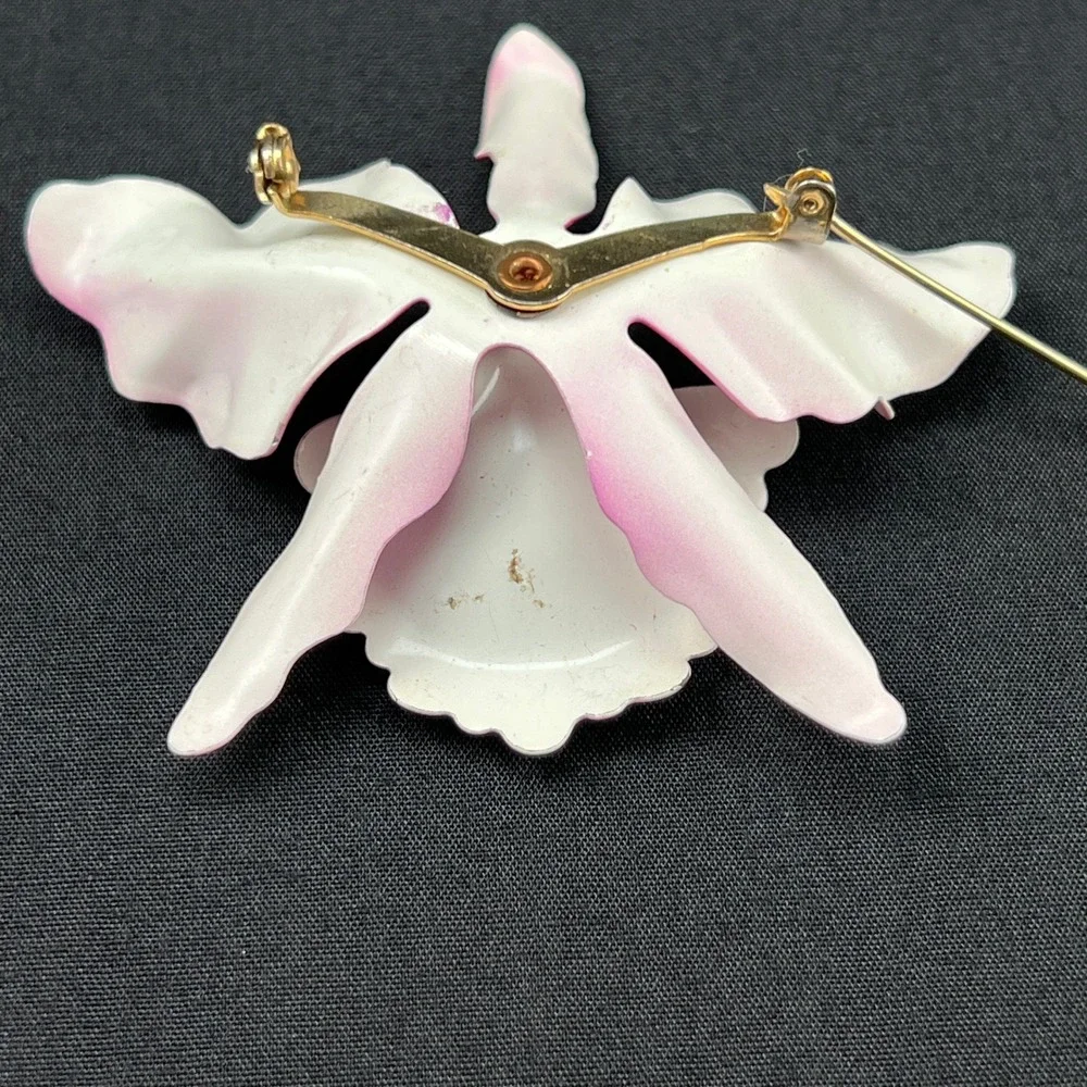 Vintage Brooch Enamel‎ Flower Pink White Orchid Pin Large 3